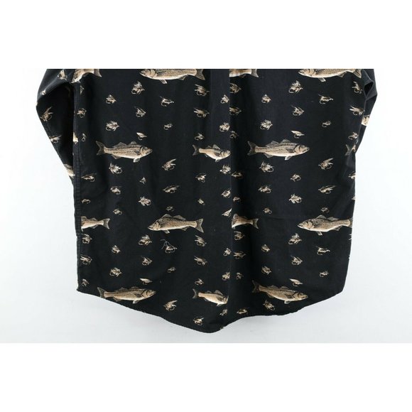 Vintage 90s Chaps Ralph Lauren Mens Large Fish All Over Print Button Shirt Black - Picture 9 of 9